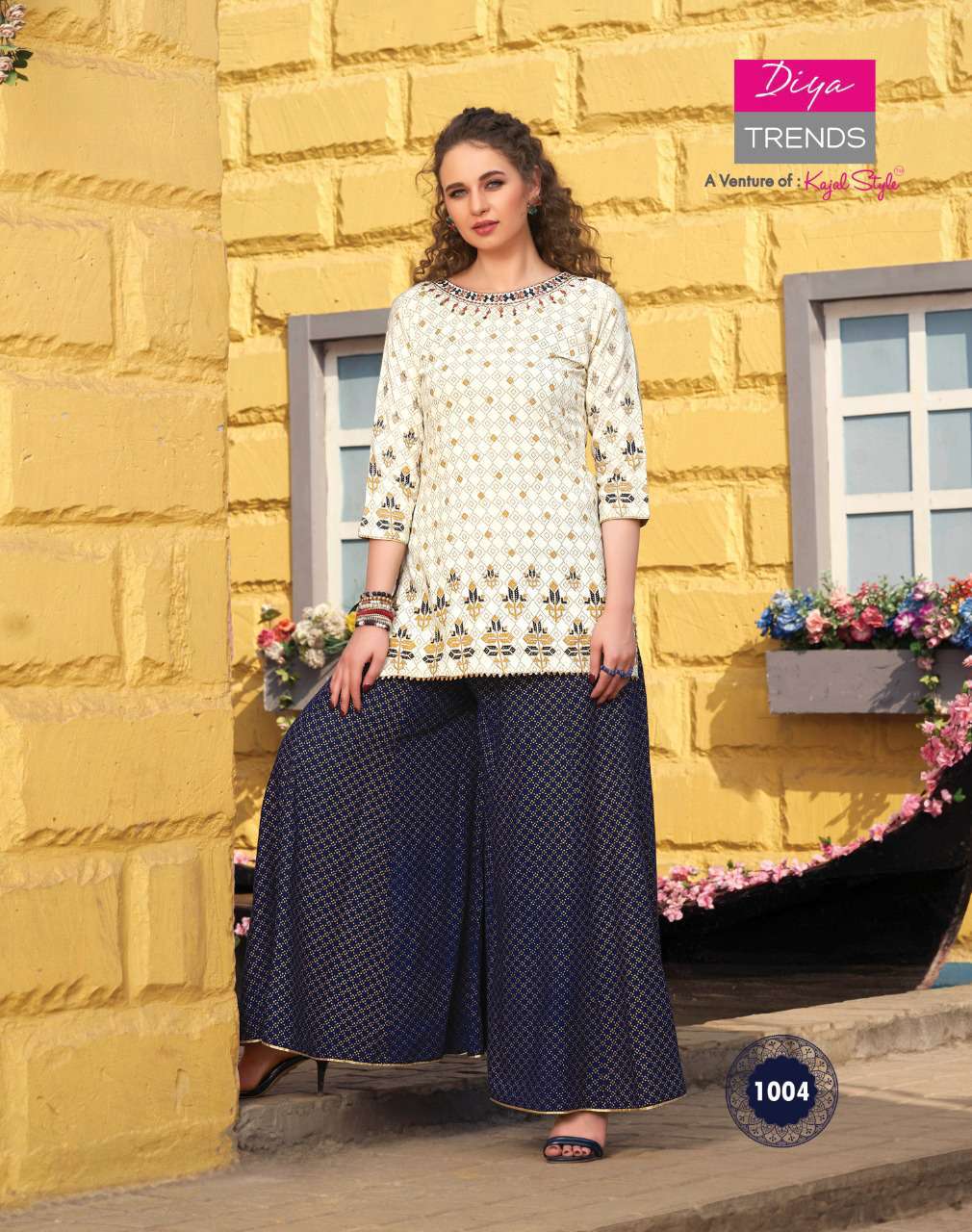 Diya Trends Florence vol 1 wholesale kurtis catalog. Florence vol 1 kurtis with sharara skirt and plazzo catalog by Diya Trends A venture of Kajal Style