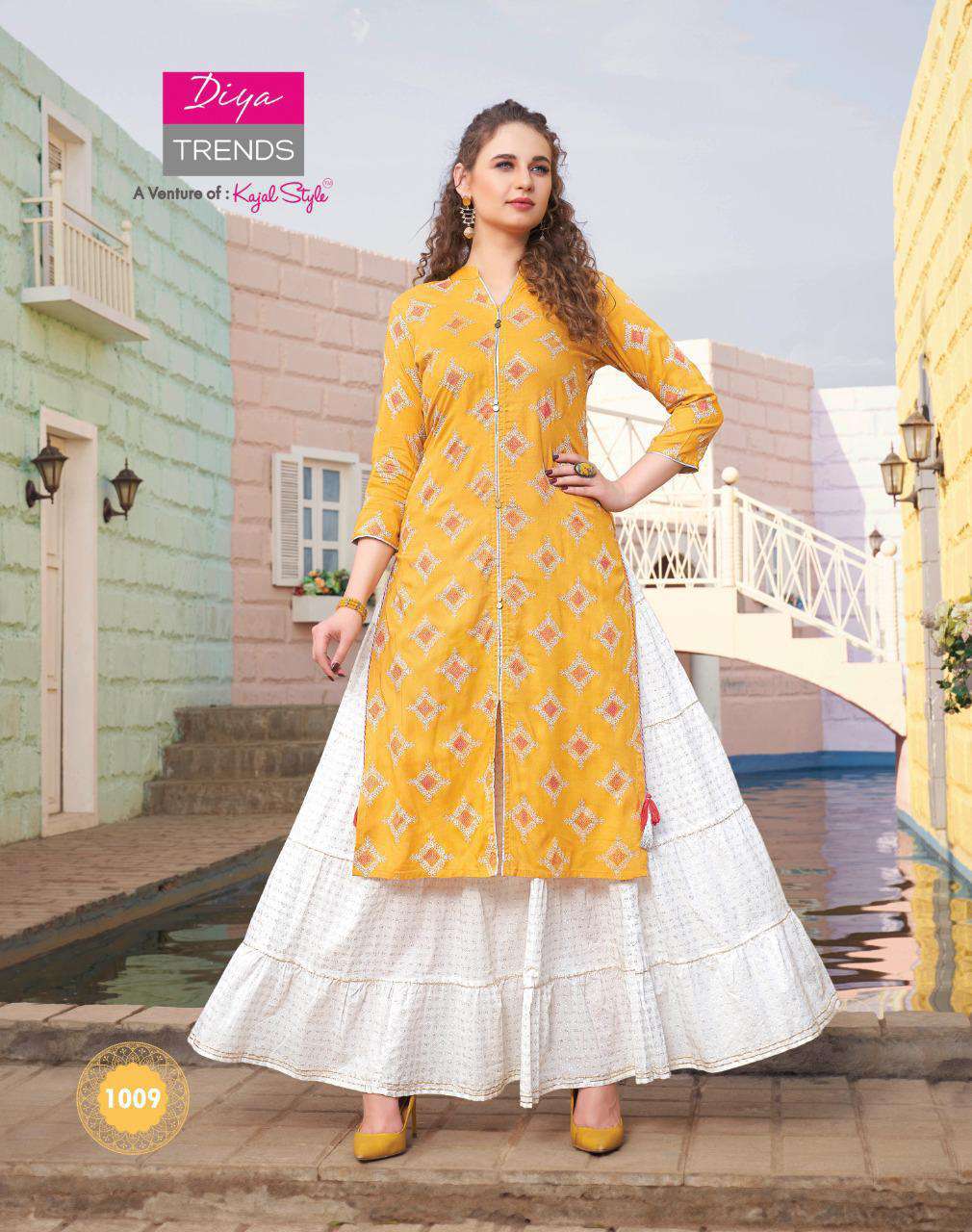 Diya Trends Florence vol 1 wholesale kurtis catalog. Florence vol 1 kurtis with sharara skirt and plazzo catalog by Diya Trends A venture of Kajal Style