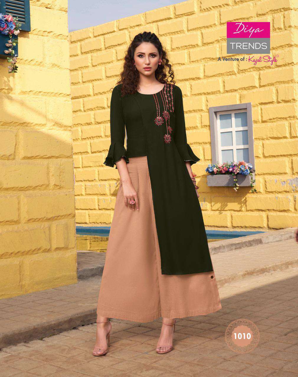 Diya Trends Florence vol 1 wholesale kurtis catalog. Florence vol 1 kurtis with sharara skirt and plazzo catalog by Diya Trends A venture of Kajal Style