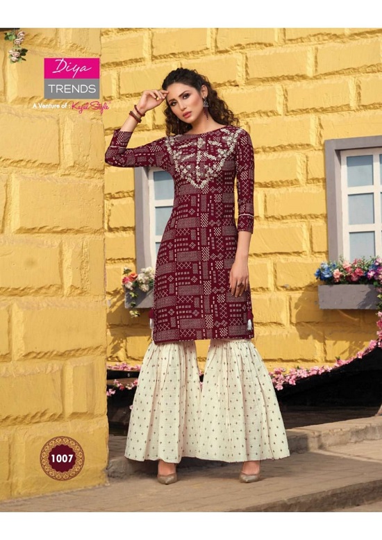 Diya Trends Florence vol 1 wholesale kurtis catalog. Florence vol 1 kurtis with sharara skirt and plazzo catalog by Diya Trends A venture of Kajal Style