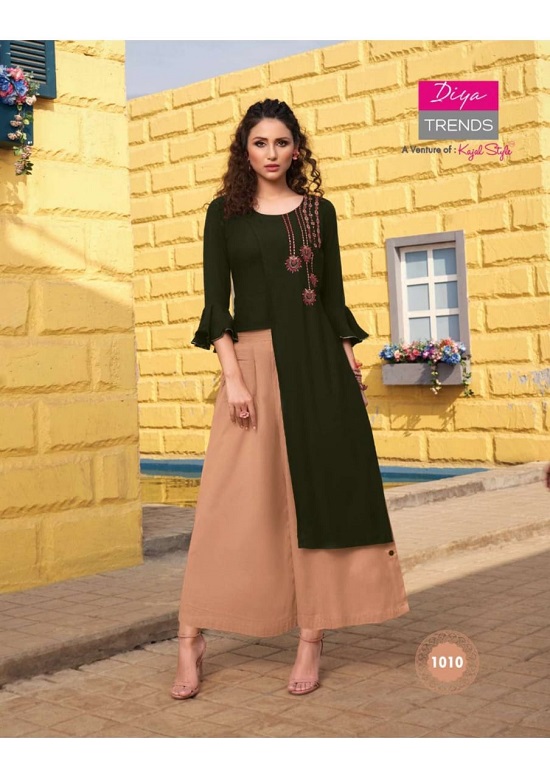 Diya Trends Florence vol 1 wholesale kurtis catalog. Florence vol 1 kurtis with sharara skirt and plazzo catalog by Diya Trends A venture of Kajal Style