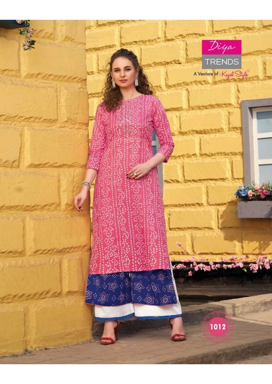 Diya Trends Florence vol 1 wholesale kurtis catalog. Florence vol 1 kurtis with sharara skirt and plazzo catalog by Diya Trends A venture of Kajal Style