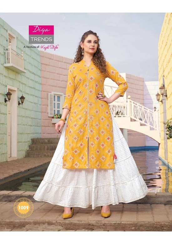 Diya Trends Florence vol 1 wholesale kurtis catalog. Florence vol 1 kurtis with sharara skirt and plazzo catalog by Diya Trends A venture of Kajal Style