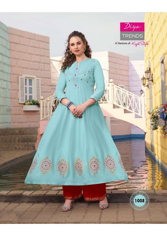 Diya Trends Florence vol 1 wholesale kurtis catalog. Florence vol 1 kurtis with sharara skirt and plazzo catalog by Diya Trends A venture of Kajal Style