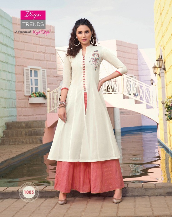 Diya Trends Florence vol 1 wholesale kurtis catalog. Florence vol 1 kurtis with sharara skirt and plazzo catalog by Diya Trends A venture of Kajal Style