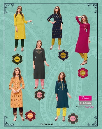 Kurti With Pants catalogue in Wholesale Forever vol 4 by Diya Trends, Purchase Diya trends Kurtis with pant pair in bulk rate for Business, Rayon Kurtis with cotton flex pair in bulk rate for resale