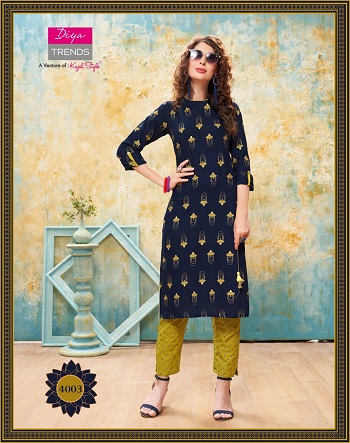 Kurti With Pants catalogue in Wholesale Forever vol 4 by Diya Trends, Purchase Diya trends Kurtis with pant pair in bulk rate for Business, Rayon Kurtis with cotton flex pair in bulk rate for resale