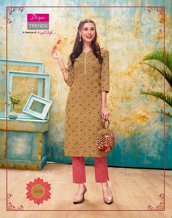 Kurti With Pants catalogue in Wholesale Forever vol 4 by Diya Trends, Purchase Diya trends Kurtis with pant pair in bulk rate for Business, Rayon Kurtis with cotton flex pair in bulk rate for resale