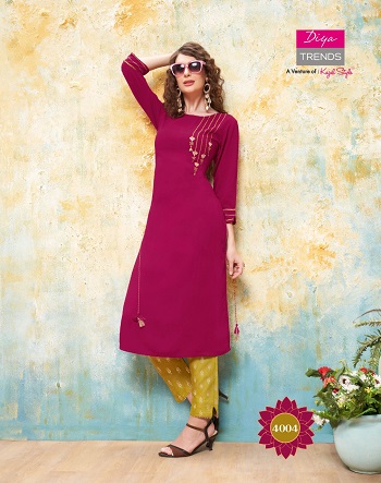 Kurti With Pants catalogue in Wholesale Forever vol 4 by Diya Trends, Purchase Diya trends Kurtis with pant pair in bulk rate for Business, Rayon Kurtis with cotton flex pair in bulk rate for resale