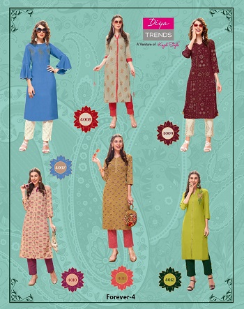 Kurti With Pants catalogue in Wholesale Forever vol 4 by Diya Trends, Purchase Diya trends Kurtis with pant pair in bulk rate for Business, Rayon Kurtis with cotton flex pair in bulk rate for resale