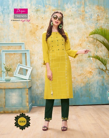 Kurti With Pants catalogue in Wholesale Forever vol 4 by Diya Trends, Purchase Diya trends Kurtis with pant pair in bulk rate for Business, Rayon Kurtis with cotton flex pair in bulk rate for resale