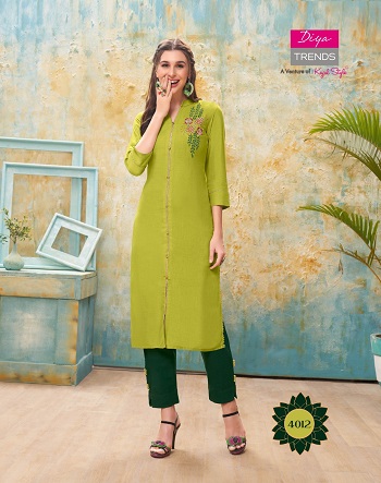 Kurti With Pants catalogue in Wholesale Forever vol 4 by Diya Trends, Purchase Diya trends Kurtis with pant pair in bulk rate for Business, Rayon Kurtis with cotton flex pair in bulk rate for resale