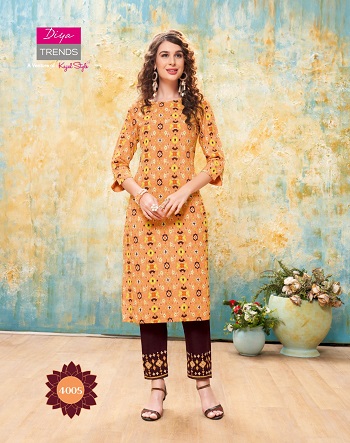 Kurti With Pants catalogue in Wholesale Forever vol 4 by Diya Trends, Purchase Diya trends Kurtis with pant pair in bulk rate for Business, Rayon Kurtis with cotton flex pair in bulk rate for resale