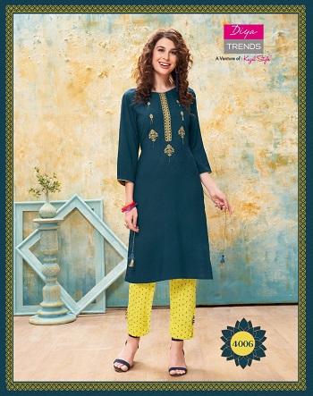 Kurti With Pants catalogue in Wholesale Forever vol 4 by Diya Trends, Purchase Diya trends Kurtis with pant pair in bulk rate for Business, Rayon Kurtis with cotton flex pair in bulk rate for resale