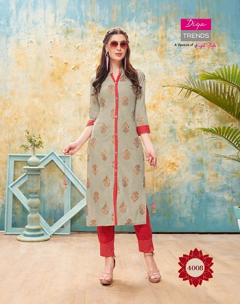 Kurti With Pants catalogue in Wholesale Forever vol 4 by Diya Trends, Purchase Diya trends Kurtis with pant pair in bulk rate for Business, Rayon Kurtis with cotton flex pair in bulk rate for resale