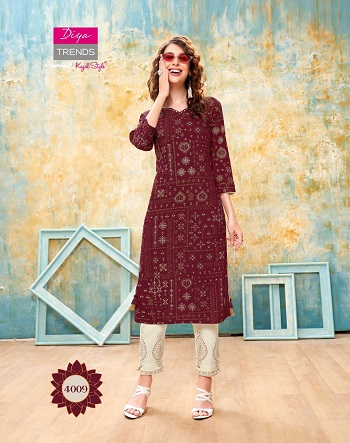 Kurti With Pants catalogue in Wholesale Forever vol 4 by Diya Trends, Purchase Diya trends Kurtis with pant pair in bulk rate for Business, Rayon Kurtis with cotton flex pair in bulk rate for resale