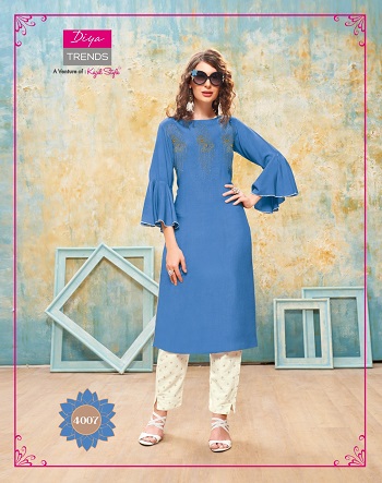 Kurti With Pants catalogue in Wholesale Forever vol 4 by Diya Trends, Purchase Diya trends Kurtis with pant pair in bulk rate for Business, Rayon Kurtis with cotton flex pair in bulk rate for resale