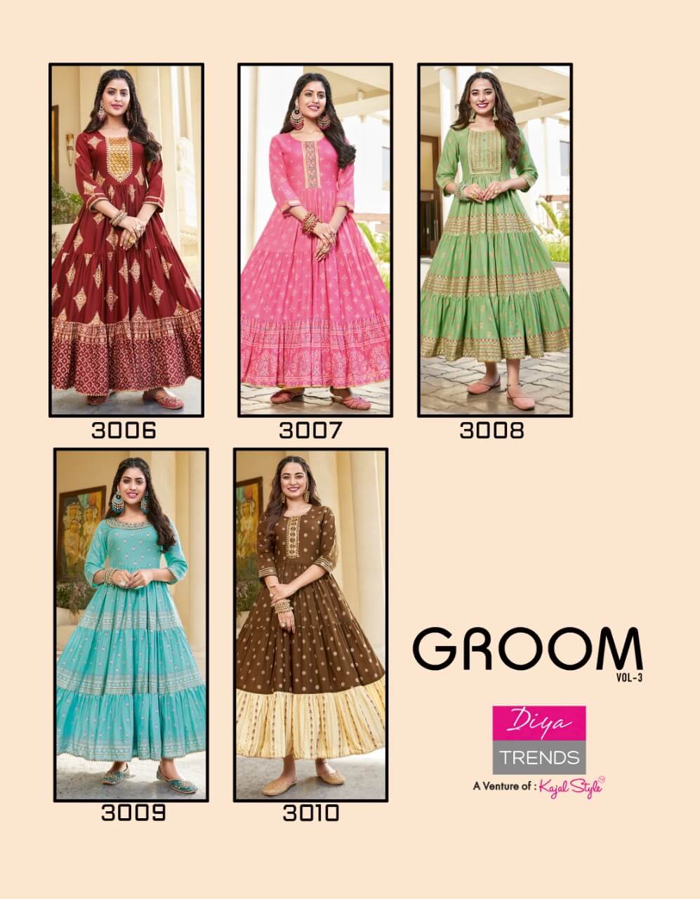 Diya Trends Groom Vol 3 Ladies Gowns Wholesale Catalog, Buy Groom vol 3 Full Catalog of Gowns at Wholesale Rate