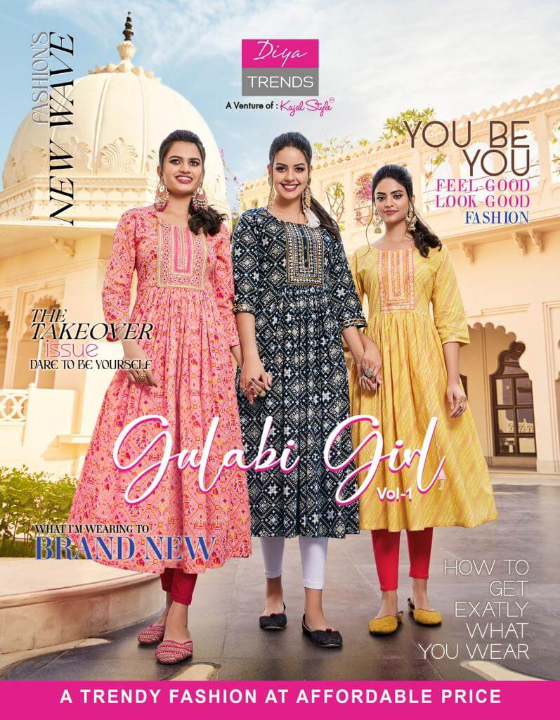 Diya Trends Gulabi Girl vol 1 Printed Nyra Cut Kurtis Catalog, Buy Diya Trends Gulabi Girl vol 1 Printed Nyra Cut Kurtis Catalog in Wholesale Price Online from Aarvee Creation