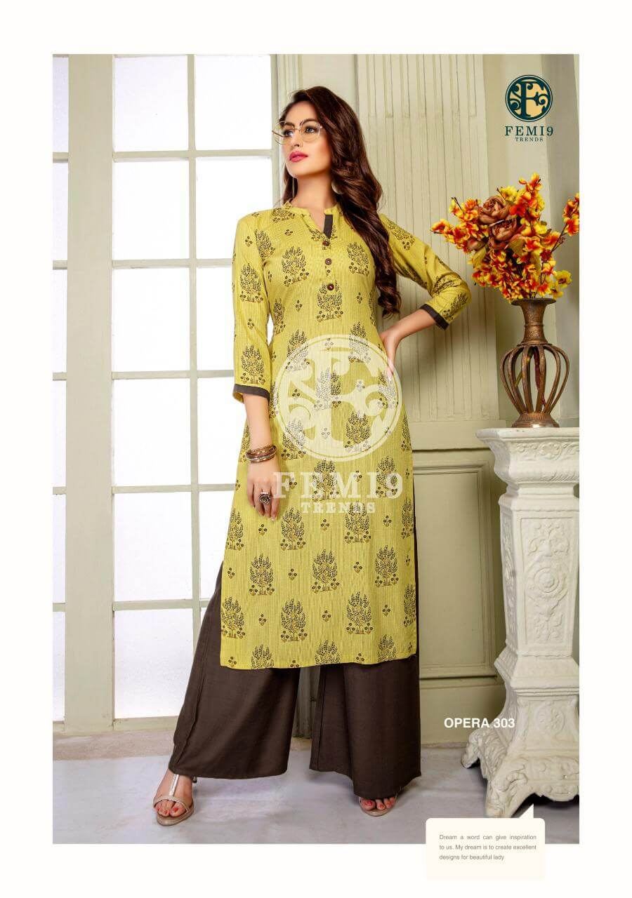 Femi9 Trends Presents Opera Vol 3 14Kg Rayon Kurtis With Plazzo Wholesale Catalogue Femi9 Trends Surat And  Ahmedabad Based Kurti Manufacturer Launched Plazzo And Kurti set Catalogue Buy Online Femi9 Opera Vol 3 Plazzo with Kurti Set Catalogue at best Wholesale Rate