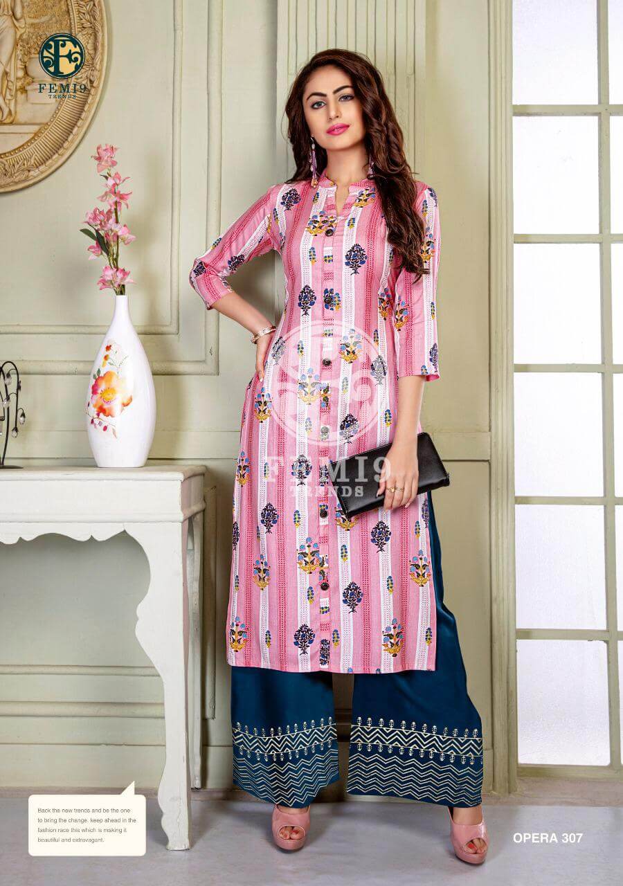 Femi9 Trends Presents Opera Vol 3 14Kg Rayon Kurtis With Plazzo Wholesale Catalogue Femi9 Trends Surat And  Ahmedabad Based Kurti Manufacturer Launched Plazzo And Kurti set Catalogue Buy Online Femi9 Opera Vol 3 Plazzo with Kurti Set Catalogue at best Wholesale Rate