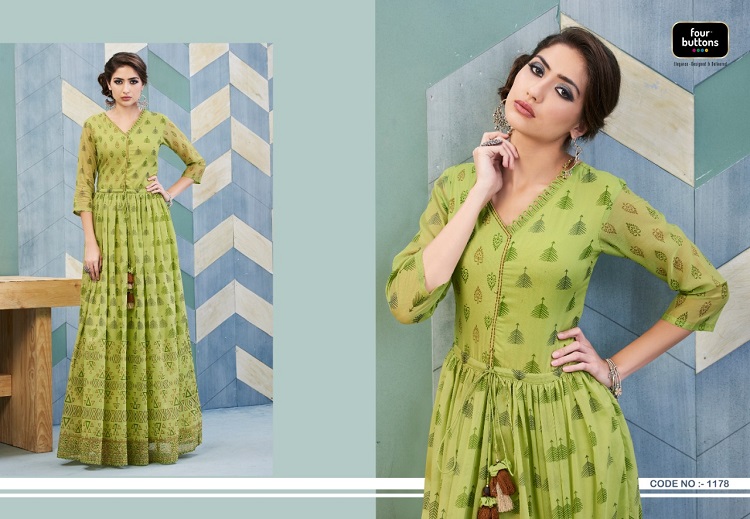 Four Buttons Hazel Pure Viscouse Chanderi Fabric Long Partywear Gown Catalog