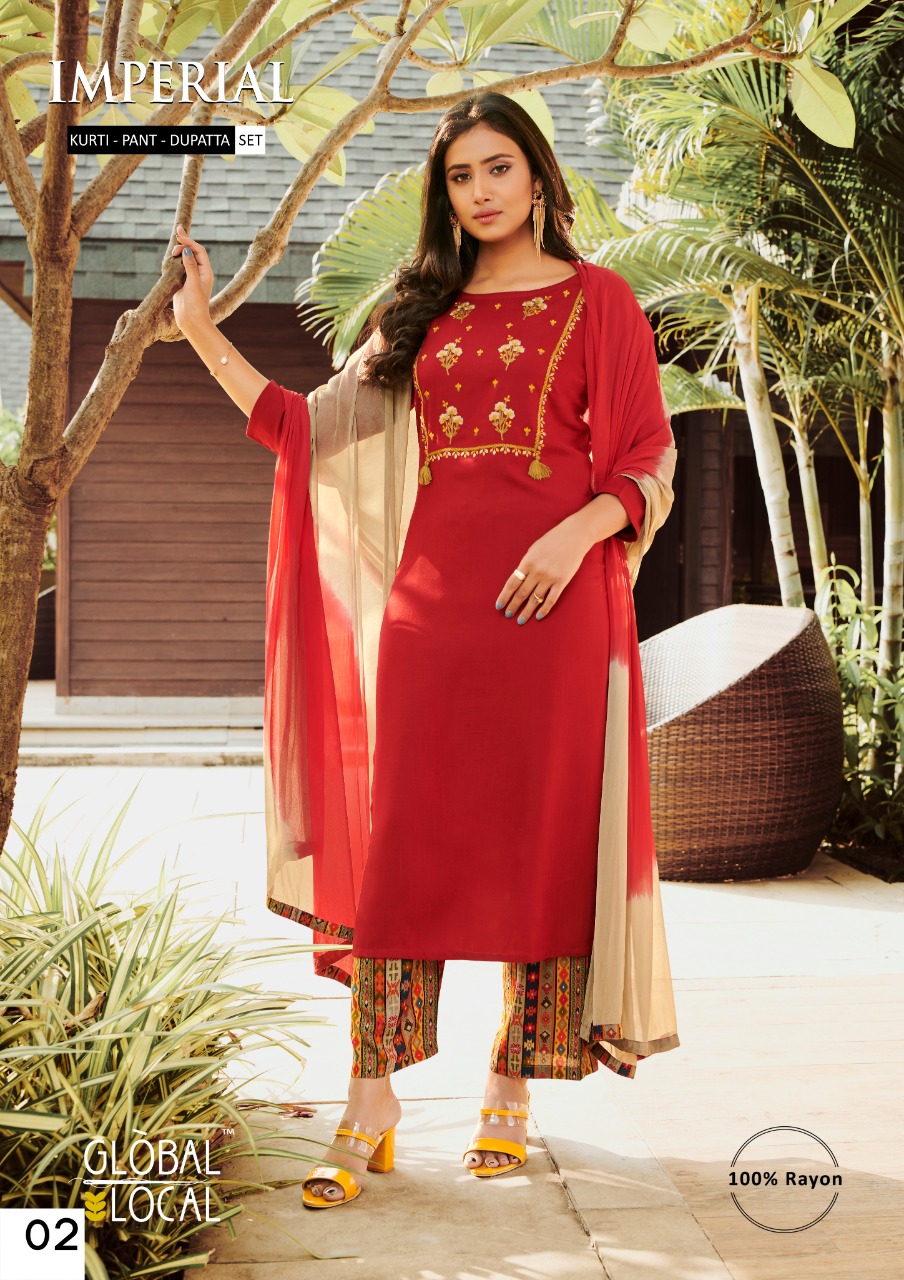 Glonbal Local Presents Readymade Dress Catalogue Imperial, Purchase Kurtis With Bottom And Dupatta three piece set wholesale catalogue in Rayon Fabric Quality