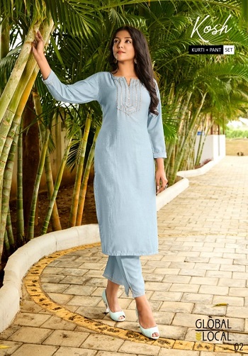 Global Local Brand Launches New Ladies Kurti Pant Set Catalog in Wholesale, Kosh Muslin Fabric with lace detailing kurtis six pair catalogue at lowest rate