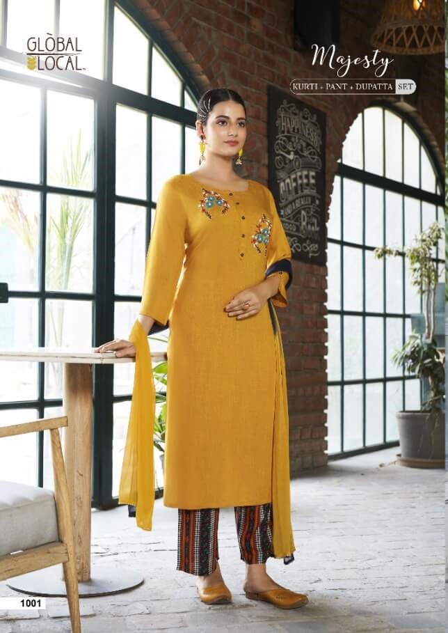 Global Local Majesty Kurti Pant Dupatta Set Wholesale Catalog, Buy Full Catalog of Kurti Pant Dupatta Set Majesty By Global Local Brand in Wholesale Price