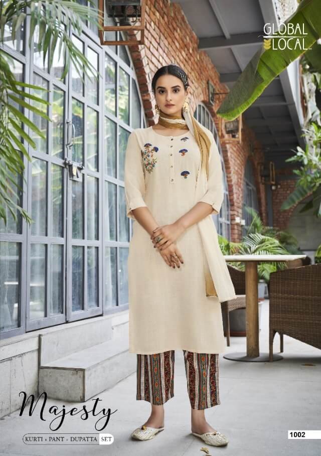 Global Local Majesty Kurti Pant Dupatta Set Wholesale Catalog, Buy Full Catalog of Kurti Pant Dupatta Set Majesty By Global Local Brand in Wholesale Price