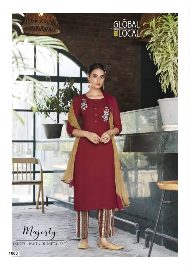 Global Local Majesty Kurti Pant Dupatta Set Wholesale Catalog, Buy Full Catalog of Kurti Pant Dupatta Set Majesty By Global Local Brand in Wholesale Price