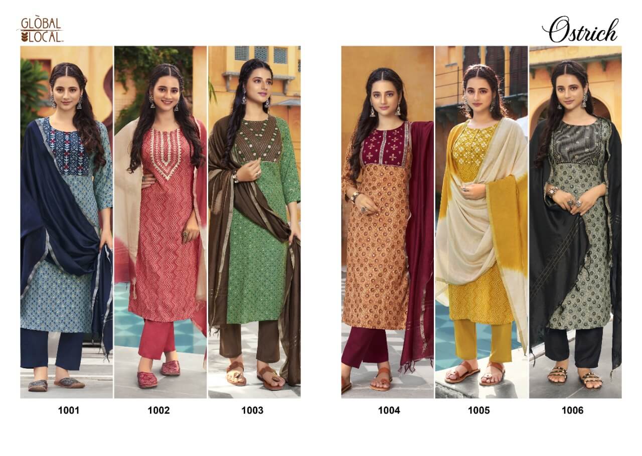 Global Local Ostrich Kurtis with Pants and Dupatta Wholesale Catalog