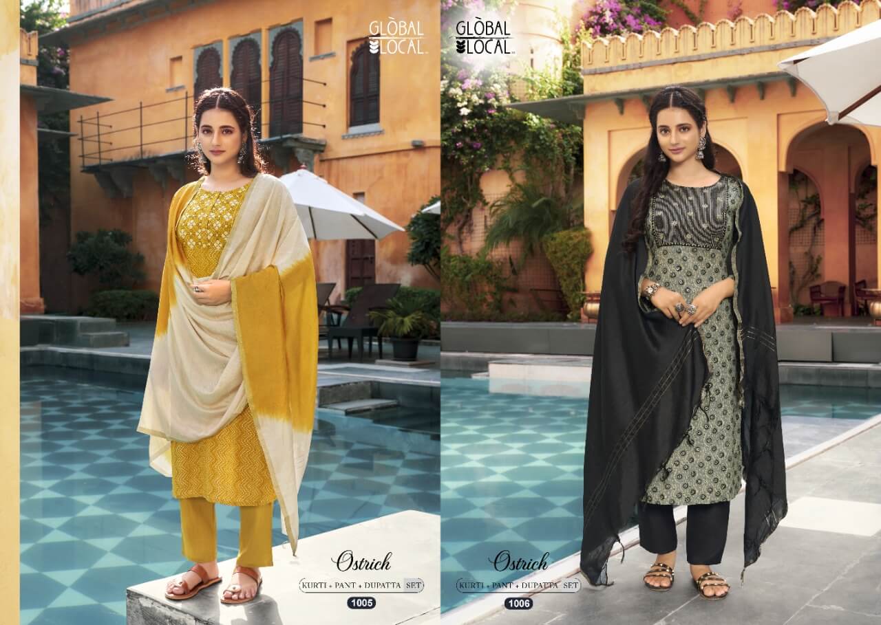 Global Local Ostrich Kurtis with Pants and Dupatta Wholesale Catalog, Buy Global Local Ostrich Kurtis pant Dupatta Full Catalog in Wholesale Price Online