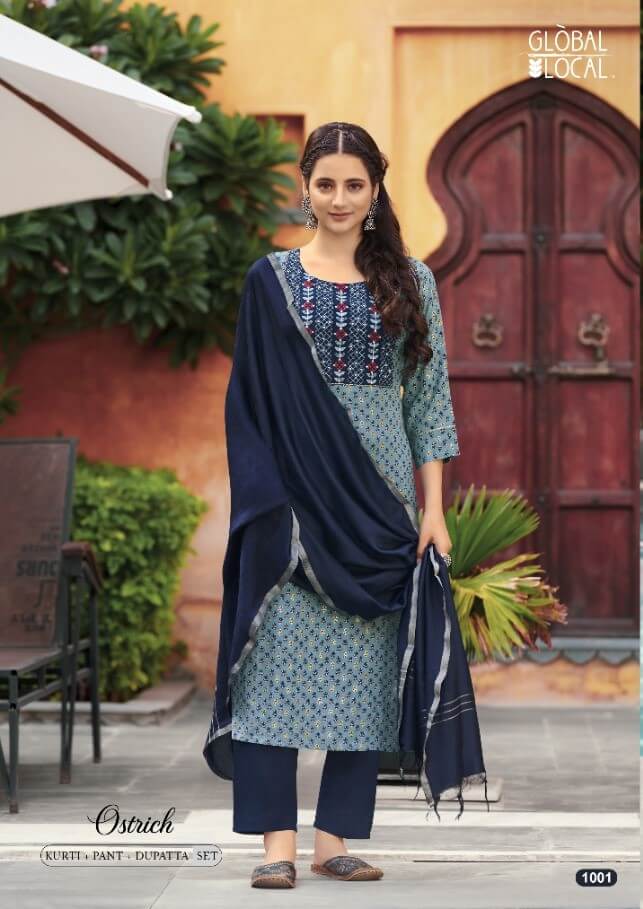 Global Local Ostrich Kurtis with Pants and Dupatta Wholesale Catalog, Buy Global Local Ostrich Kurtis pant Dupatta Full Catalog in Wholesale Price Online