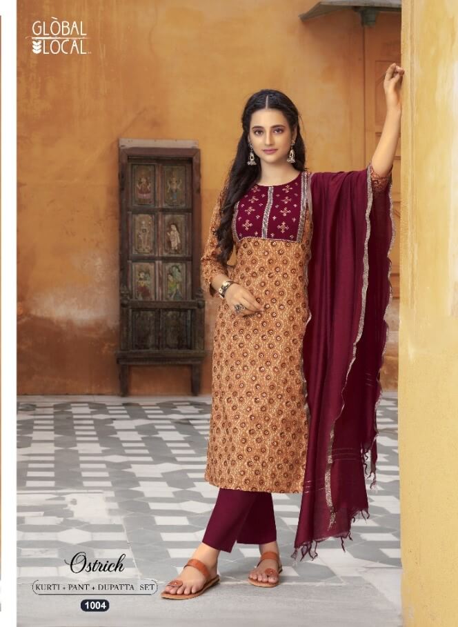 Global Local Ostrich Kurtis with Pants and Dupatta Wholesale Catalog, Buy Global Local Ostrich Kurtis pant Dupatta Full Catalog in Wholesale Price Online