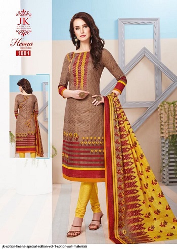 JK Heena Vol 1 Special Adition Cotton Dress Material Wholesale Catalogue. Purchase Cotton Printed Dress Material in wholesale rate online.