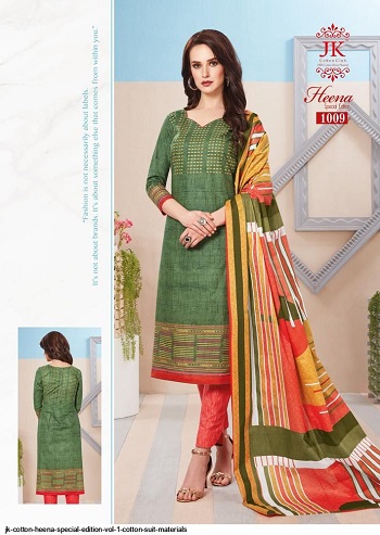 JK Heena Vol 1 Special Adition Cotton Dress Material Wholesale Catalogue. Purchase Cotton Printed Dress Material in wholesale rate online.