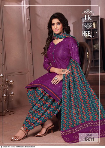 Heena volume 19 Cotton Dress Materials Catalog, Purchase Ladies Salwar Kameez Catalogue Heena Vol 19 by JK Cotton Club in Bulk Price, Cotton Dress Materials With Cotton Dupatta Wholesale Catalogue Of Women Dress Heena Vol 19