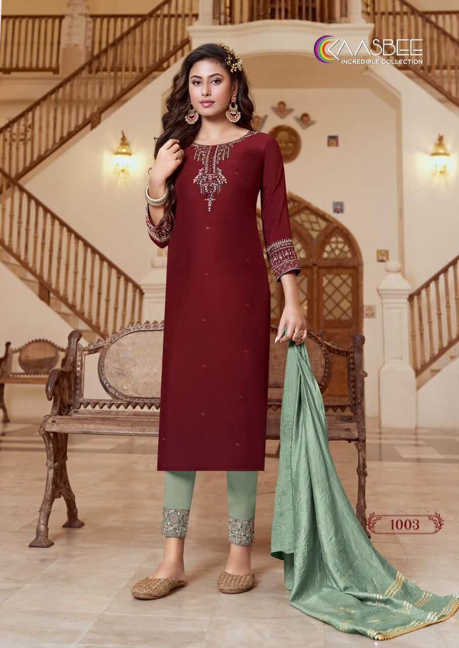 Kaasbee Saanvi vol 1 Embroidery Kurti Pant Dupatta Set Catalog, Buy Kaasbee Saanvi vol 1 Embroidery Kurti Pant Dupatta Set Full Catalog in Wholesale Price Online