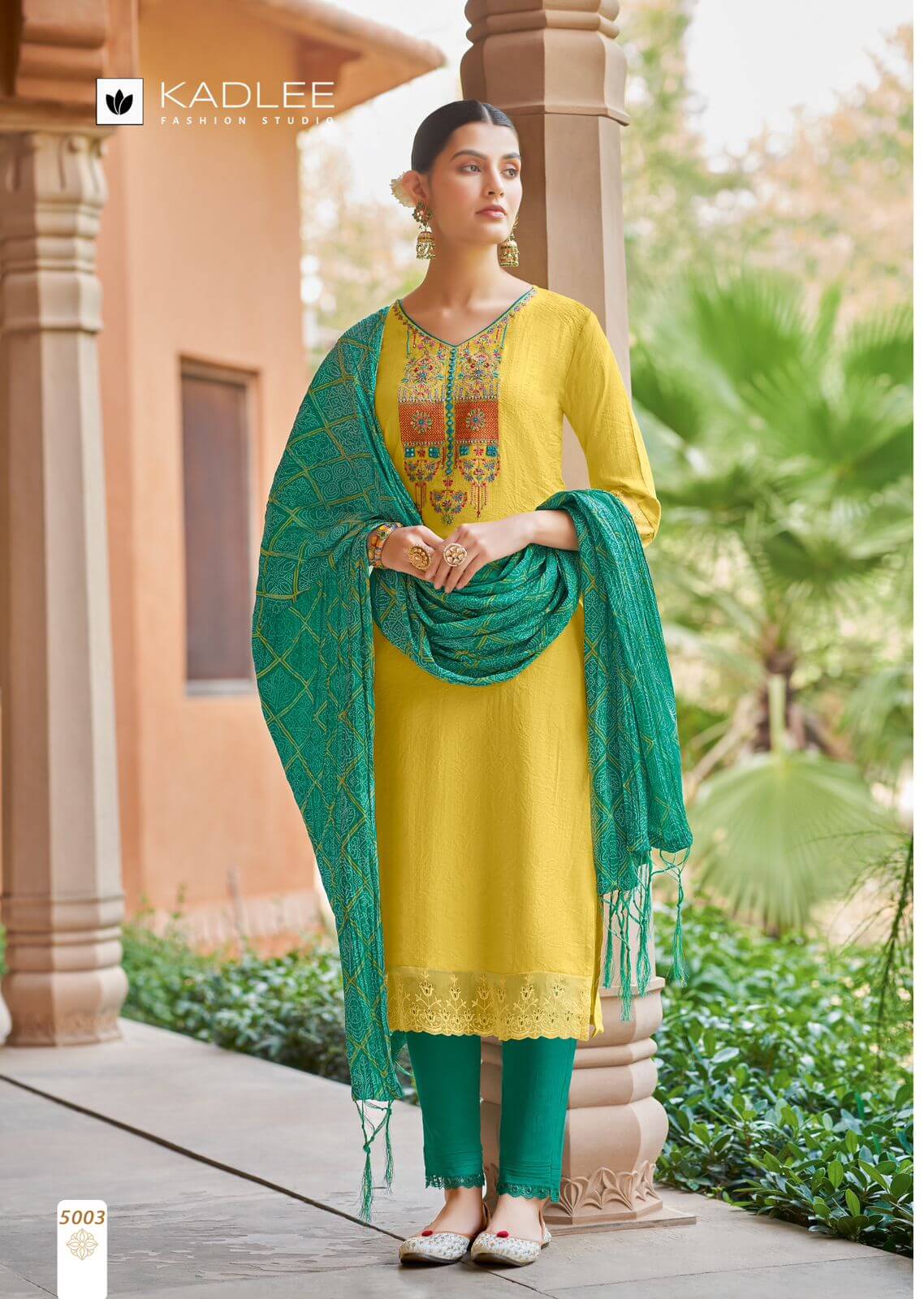 Viscose Weaving Top, Cotton Lycra Bottom & Chinon Bandhani Dupatta