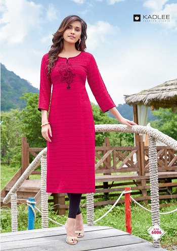 Kadlee Foram Rayon Kurtis Wholesale Catalog. Buy Kadlee Foram Rayon Weaving Strips and Embroidery Work Kurtis Full Catalog at wholesale price 