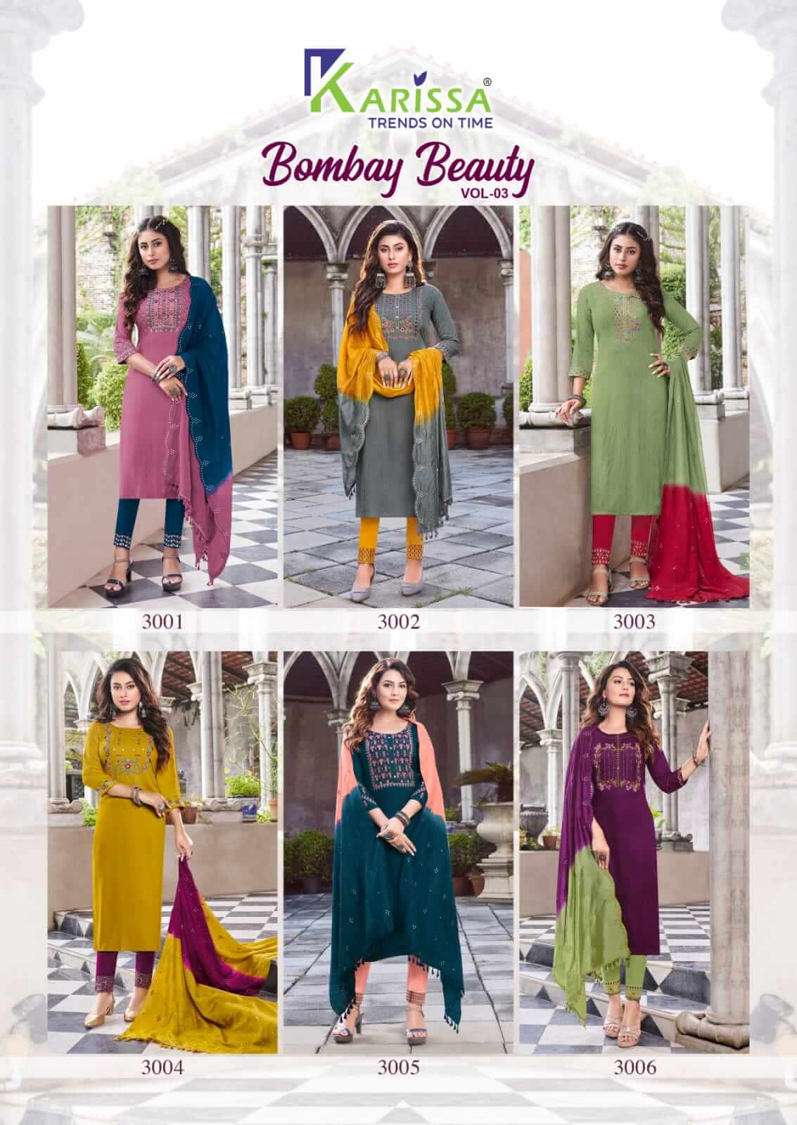 Karissa Bombay Beauty vol 3 Kurti Pant Dupatta Set Catalog, Buy Karissa Bombay Beauty vol 3 Full Catalog at Wholesale Rate Online