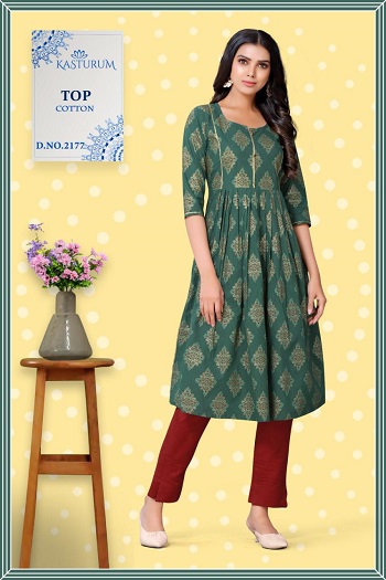 Kasturam Anarkali Gold Print Kurtis Wholesale Catalog, Purchase Cotton Anarkali Pattern Kurtis six Designs Bunch from Wholesaler Of Kurtis at bulk Rate, Dry Clean 