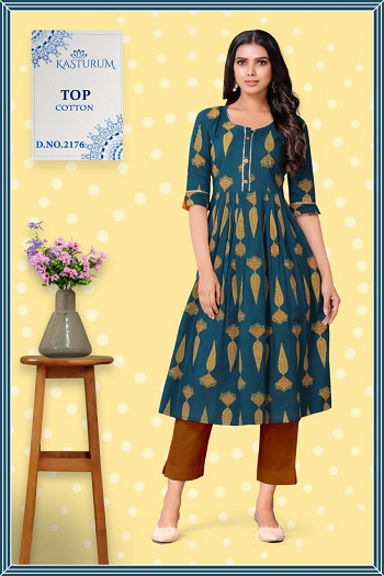 Kasturam Anarkali Gold Print Kurtis Wholesale Catalog, Purchase Cotton Anarkali Pattern Kurtis six Designs Bunch from Wholesaler Of Kurtis at bulk Rate, Dry Clean 