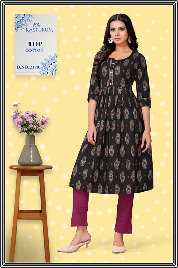 Kasturam Anarkali Gold Print Kurtis Wholesale Catalog, Purchase Cotton Anarkali Pattern Kurtis six Designs Bunch from Wholesaler Of Kurtis at bulk Rate, Dry Clean 