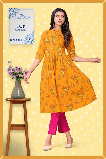 Kasturam Anarkali Gold Print Kurtis Wholesale Catalog, Purchase Cotton Anarkali Pattern Kurtis six Designs Bunch from Wholesaler Of Kurtis at bulk Rate, Dry Clean 