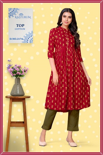 Kasturam Anarkali Gold Print Kurtis Wholesale Catalog, Purchase Cotton Anarkali Pattern Kurtis six Designs Bunch from Wholesaler Of Kurtis at bulk Rate, Dry Clean 