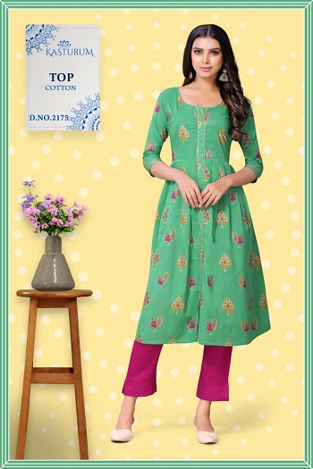 Kasturam Anarkali Gold Print Kurtis Wholesale Catalog, Purchase Cotton Anarkali Pattern Kurtis six Designs Bunch from Wholesaler Of Kurtis at bulk Rate, Dry Clean 