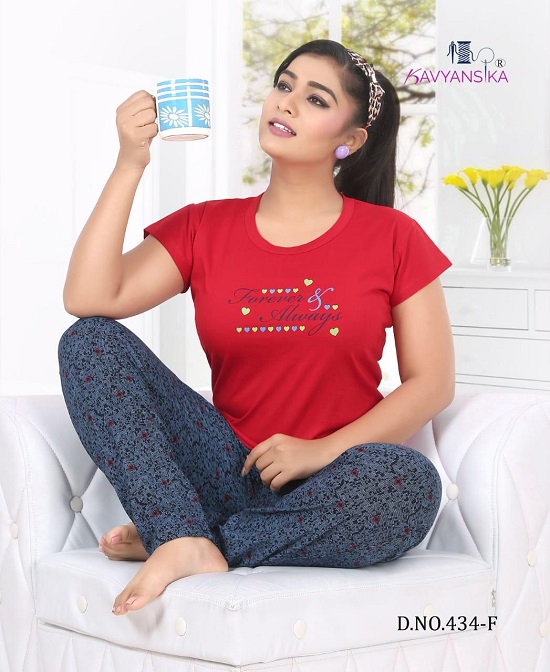 Kavyansika vol 434 wholesale Night Suit Catalog. Shop Tops and bottom Hosiery Fabric Ladies Night Suits Catalog for Wholesale business at best price online