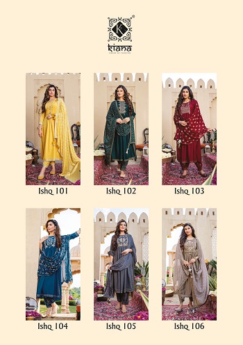 Kiana Ishq Top BBottom Dupatta Set Wholesale Catalog, Heavy Maslin with embroidery and gold silver print top with pents and patiyala set Catalog Ishq by Kiana